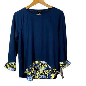 NEW! ALYX Blouse Tee Combo Knit Scoop Neck 3/4 Sleeve Navy - M